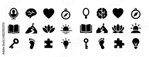 Collection of minimalist icons: brain, heart, compass, book, puzzle, key, lightbulb, sunrise, lotus
