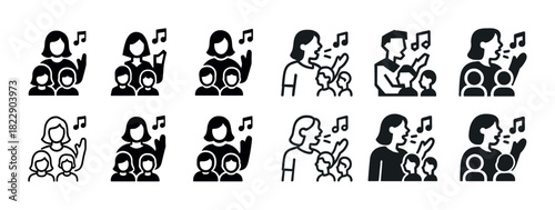 Set of musical family icons with adult and children singing