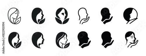 Silhouette icons of women's profiles in various styles and designs