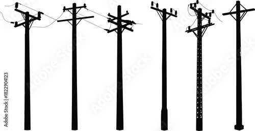 Electric utility poles with power lines, electricity distribution infrastructure, communication cables, urban energy network, and industrial electric power transmission system.