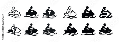 Set of snowmobile icons illustrating various riding styles and designs