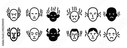 Set of angry facial expressions icons with various styles and emotions