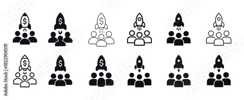 Business growth icons set with people and rocket launch symbols