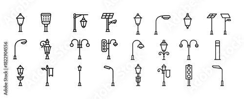 Variety of street light icons in outline style with solar panels and decorative designs