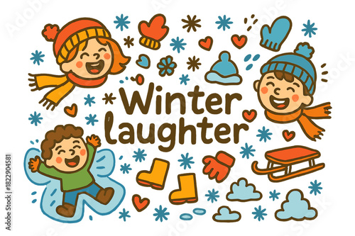 Winter Laughter Doodles. Winter laughter. Hand-drawn doodle illustration of winter laughter. Smiling children,