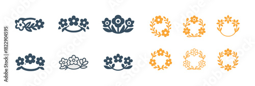 Elegant floral icon set with black and orange decorative elements