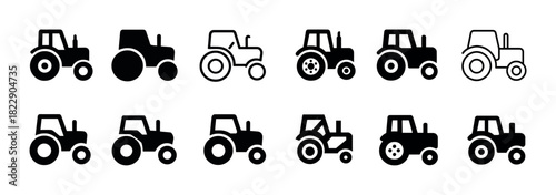 Set of twelve tractor icons in various styles and silhouettes