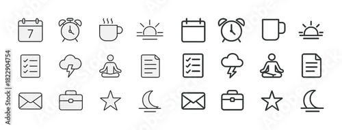 Minimalist icon set featuring weather, meditation, and productivity symbols