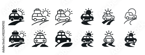 Set of ten travel car icons with sun and road elements