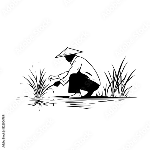 Asian rice farmer agriculture worker planting rice paddy field vector illustration clipart black and white art