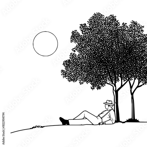 Man relaxing under tree illustration vector art drawing peaceful scene nature outdoors tranquil landscape design 100