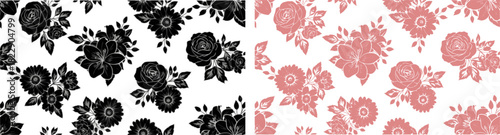 Seamless pattern, hand drawn outline flowers on white background
