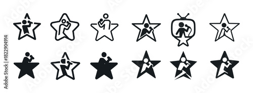 Set of star icons with singing and dancing figures in black and white