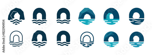 Set of nautical tunnel icons with water waves in various styles and colors