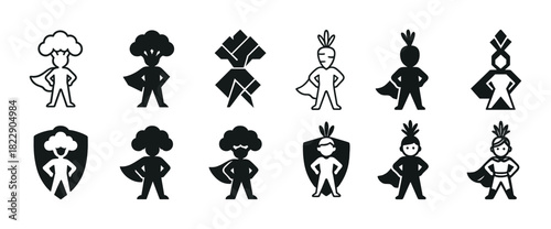 Abstract vegetable superheroes illustrations with capes and shields