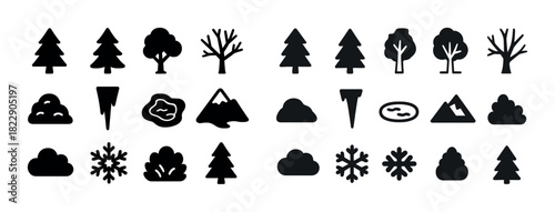 Variety of black silhouette nature icons: trees, mountains, snowflakes