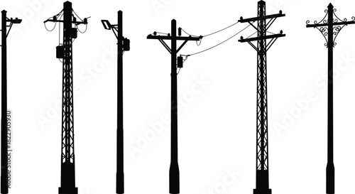 Electric utility poles with power lines, industrial transmission structures, electricity distribution network, energy infrastructure, and urban communication power connection system.