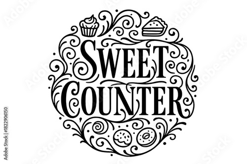Elegant Flourish Lettering. Sweet Counter ? Flourish Lettering with elegant curls and swashes around tall