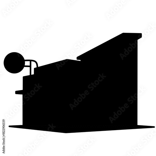 A vector silhouette of a restaurant building featuring a unique angled roof and a circular sign attached to the side.