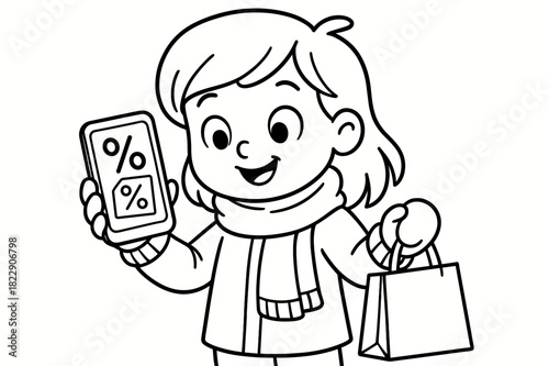 Happy Shopper Coloring. Happy online shopper children?s coloring book illustration, outlined drawing, girl