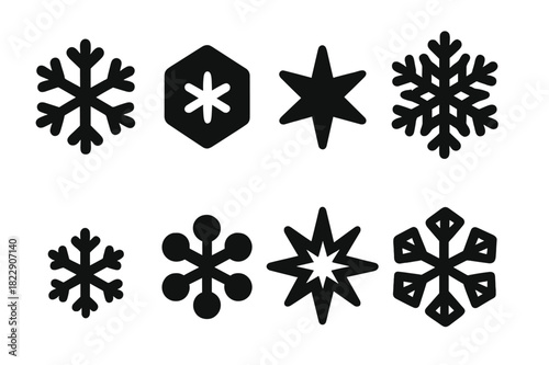 Snowflake Icon Grid. Snowflakes. Filled icon set of snowflakes: classic snowflake, hexagonal snowflake, star