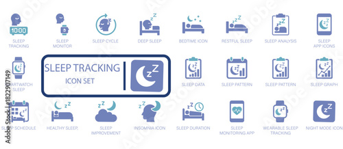 Sleep Tracking and Health Monitoring Icon Set for App. Wellness, insomnia, and smart device.
