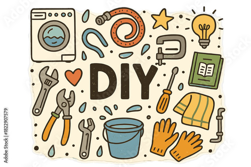 Fix-It DIY Doodle. Fix-it DIY. Hand-drawn doodle illustration of fix-it DIY. Washing machine, hose, wrench,