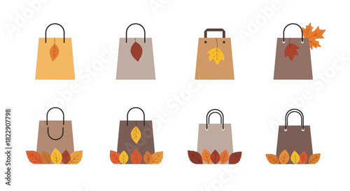 Charming collection of autumn shopping bags adorned with colorful fall foliage, ideal for seasonal promotions, retail sales, and festive marketing campaigns capturing the essence of the harvest season