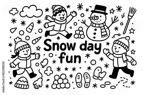 Snow Day Doodle. Snow day fun. Hand-drawn doodle illustration of snow day fun. Children, snowman, snowballs,
