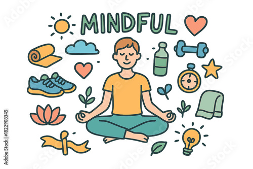 Mindful Fitness Doodle. Mindful fitness. Hand-drawn doodle illustration of mindful fitness. Person meditating,