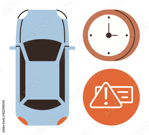 Overhead car view with clock and alert icon, emphasizing safety, punctuality, and maintenance. Ideal for scheduling, automotive care, time management, warnings, planning deadlines simple flat