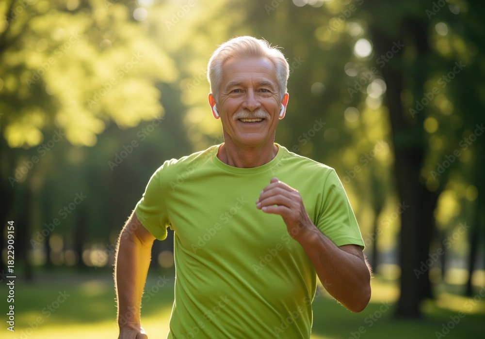 Naklejka premium Smiling senior man with grey hair and wireless earbuds enjoying a run in a sunlit park
