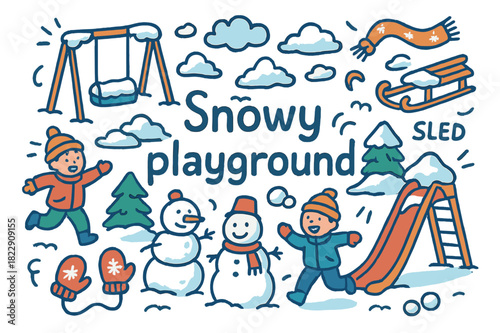 Playful Snowy Playground. Snowy playground. Hand-drawn doodle illustration of snowy playground. Swing covered