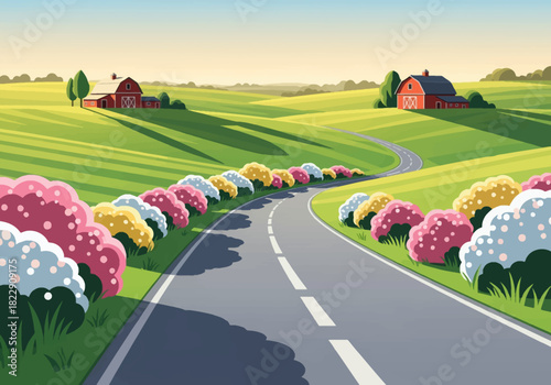Spring Countryside Road Vector Landscape – Scenic Curved Highway With Colorful Flower Bushes And Farm Barn Fields