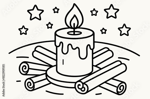 Candlelight Coloring Page. Candlelight and cinnamon sticks children?s coloring book illustration, outlined