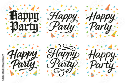 Calligraphy Celebration Styles. Happy Party. Create a calligraphy lettering illustration of the phrase: Happy