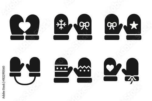 Mittens Icon Collection. Mittens holding a heart. Filled icon set of mittens holding a heart: mittens holding