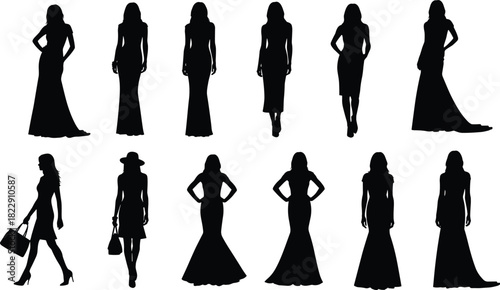 Elegant female fashion silhouettes in various stylish poses featuring dresses, gowns, and accessories, perfect for design projects, branding, and illustrations.