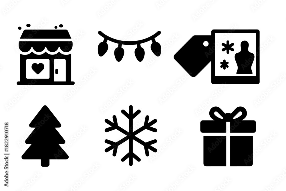 Fototapeta premium Winter Shopfront Icons. Winter shopfront. Filled icon set of winter shopfront: shop facade, Christmas lights,