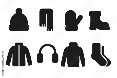 Winter Clothing Icons. Winter clothing. Filled icon set of winter clothing: beanie hat, scarf, mittens, boots,