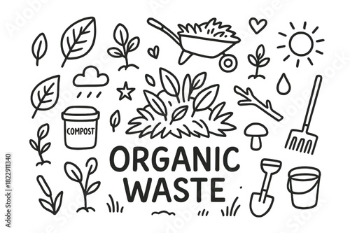 Organic Waste Doodle Art. Organic Waste. Hand-drawn doodle illustration of Organic Waste. In the middle, one