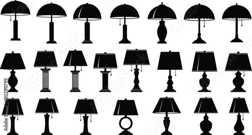 Elegant vintage and modern table lamps collection in black silhouette style, showcasing diverse decorative lamp designs for interior lighting and home decor.