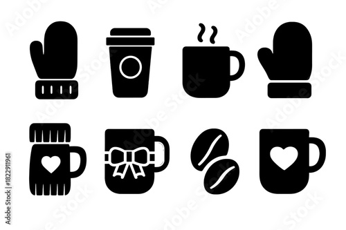 Winter Coffee Icons. Winter coffee. Filled icon set of winter coffee: gloved hand, coffee cup, steaming mug,