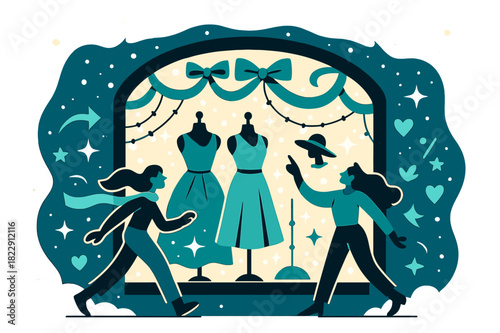 Chic Window Display. Window display. Elegant boutique window glowing warmly, decorated with ribbons,