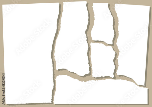 Six torn white pieces of paper with shadows on a beige background