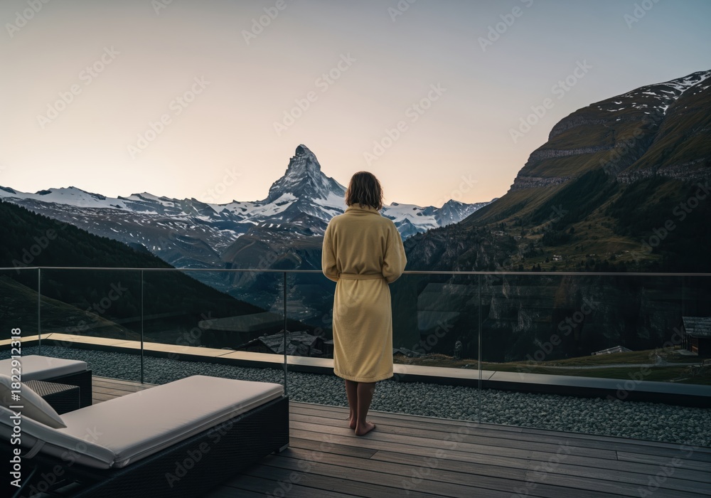 Obraz premium Woman in bathrobe admiring stunning mountain view from luxury balcony
