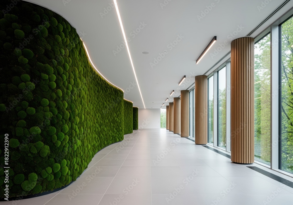 Obraz premium Biophilic office corridor with living moss wall and bright natural window light