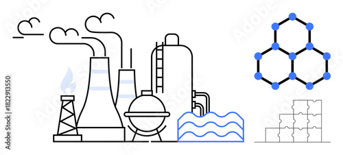Energy production concept. Energy facility with smokestacks, pipelines, and chemical structures highlights industrial processes. Energy environmental impact and innovation focus. For sustainability