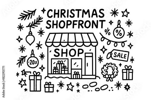 Christmas Shopfront Doodle. Christmas shopfront. Hand-drawn doodle illustration of Christmas shopfront. Shop,