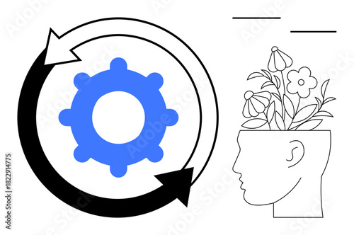 Gear with arrows representing cycle beside head with blooming flowers. Ideal for growth, innovation, mindset, creativity, sustainability, development, productivity. Simple flat metaphor